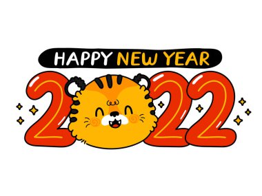 Mutlu komik 2022 Yeni Yıl sembolü kaplan ve sayılar. Vektör çizgi film kawaii karakter çizim simgesi. Beyaz arka planda izole edilmiş. 2022 Yeni Yıl karakterinin kaplan sembolü