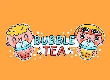 Tatlı komik çocuk ve kız fincandan köpüklü çay içerler. Vektör el çizimi çizgi film kawaii karakteri illüstrasyon logo simgesi. Asyalı boba, köpüklü çay çizgi film karakteri logo poster konsepti