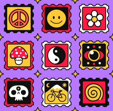 Asit LSD kağıt kaplama izi, kusursuz desen. Vektör el çizimi karikatür çizimi çizimi