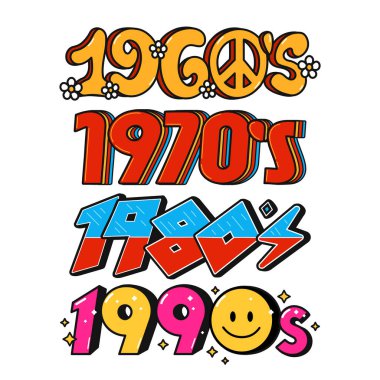 1960 'lar, 1970' ler, 1890 'lar, 1990' lar antika tabelalar koleksiyonu. Vektör karalama logo simgesi. Beyaz arka planda izole edilmiş. Altmışlı, yetmişli, seksenli ve doksanlı yılların kavramları.
