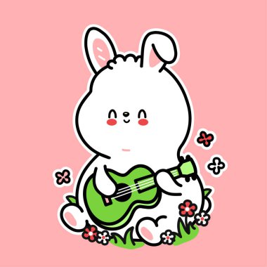 Ukulele gitar karakterinde sevimli komik tavşan oyunu. Vektör el çizimi çizgi film kawaii karakter çizimi simgesi. Sevimli tavşan, tavşan, ukulele, gitarcı çocuklar müzik çizgi film maskotu konsepti