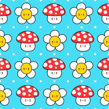 Küçük sevimli mantar bebek ve çiçeksiz desen. Vektör el çizimi çizgi film kawaii karakter çizimi simgesi. Papatya çiçeği, mantar mantarı, dikişsiz çizgi film konsepti.