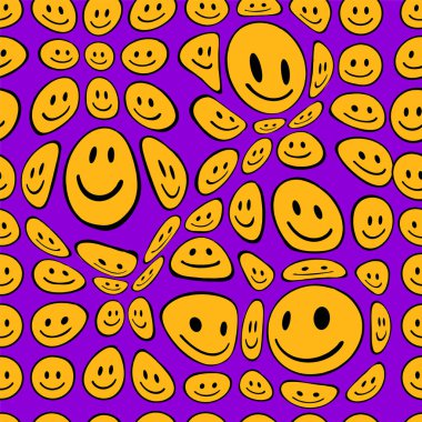 Funny melt smile faces seamless pattern.Vector hand drawn doodle cartoon character illustration. Smile faces melt, acid, trippy seamless pattern wallpaper print concept clipart