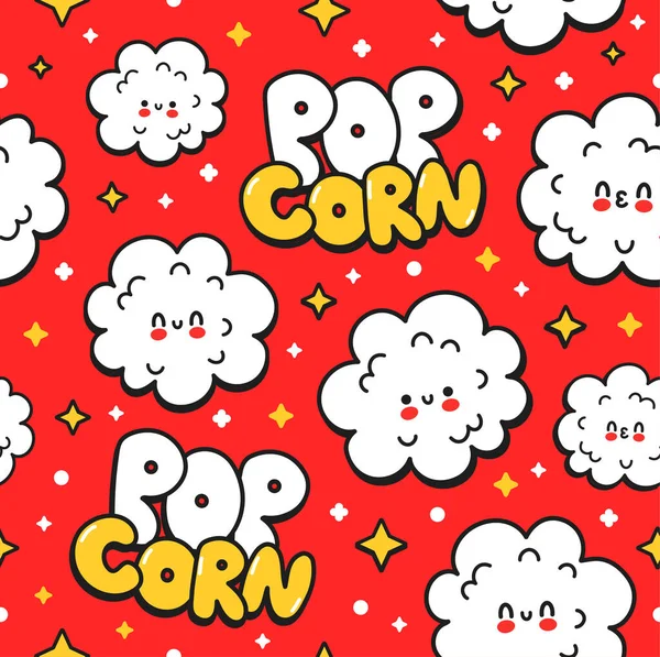 Mignon heureux motif pop-corn drôle sans couture sur fond rouge. Vecteur dessin à la main dessin animé kawaii personnage illustration autocollant logo icône. Mignon heureux popcorn sans couture motif dessin animé concept — Image vectorielle