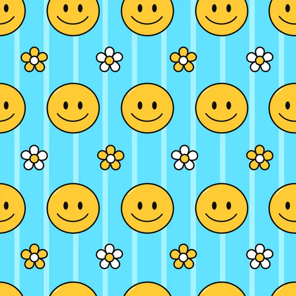 笑顔と花のシームレスなパターン。スマイルヒッピーの顔、 Tシャツのための花、ポスター、カードシームレスなパターンのコンセプト — ストックベクタ
