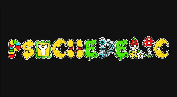 Psychedelische Wort, trippy psychedelischen Stil letters.Vector Hand gezeichnet Doodle Cartoon Charakter Logo Illustration.Funny coole trippy Buchstaben, Psychedelic, Acid Fashion Print für T-Shirt, Poster-Konzept — Stockvektor