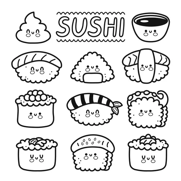 Söt rolig glad sushi, maki, rullar tecknad karaktär set samling. Vektor hand dras linje kawaii tecken illustration ikon. Tecknad kawaii söt sushi, asiatisk mat restaurang menykoncept — Stock vektor