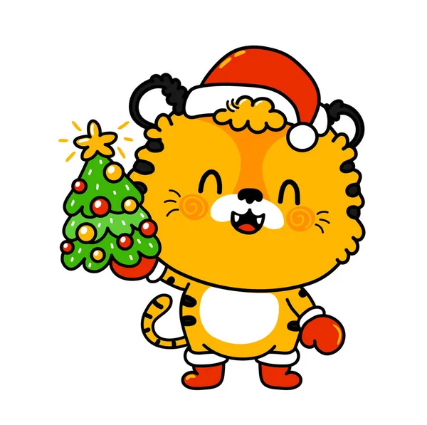 Carino divertente 2022 nuovo anno simbolo tigre in Natale cap personaggio. Vector cartone animato kawaii personaggio illustrazione icona. Isolato su sfondo bianco. Tigre simbolo di Anno nuovo 2022 concetto di carattere — Vettoriale Stock