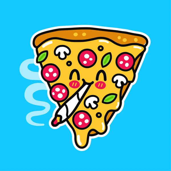 Zabawny kawałek pizzy palący marihuanę. Wektor bazgroły linii kreskówki Kawaii postać ikona ilustracji. Pizza, trawka, konopie indyjskie, palenie marihuany joint print na plakat, koncepcja koszulki — Wektor stockowy