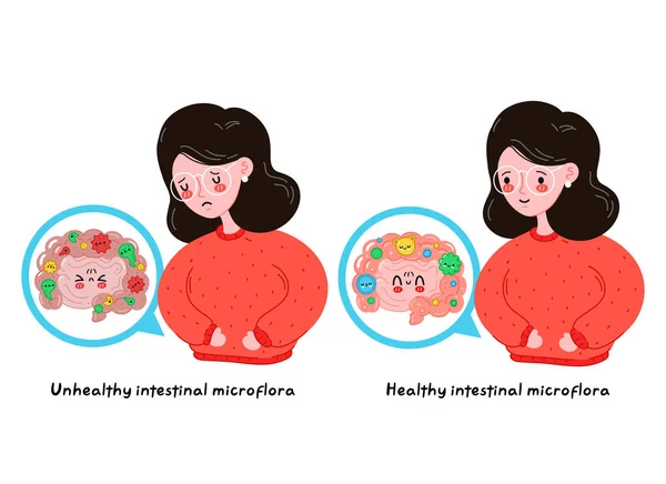 健康な対不健康な腸内細菌叢と悲しい病気と幸せな若い女性。ベクターフラット漫画イラストアイコンデザイン。白い背景に隔離されている。消化管細菌、微生物叢の概念 — ストックベクタ