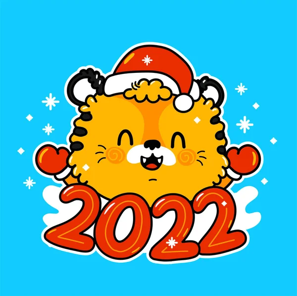 Söt rolig 2022 Nyår symbol tiger i jul mössa karaktär. Vektor tecknad kawaii tecken illustration ikon. Isolerad på vit bakgrund. Tiger symbol för nyår 2022 tecken koncept — Stock vektor