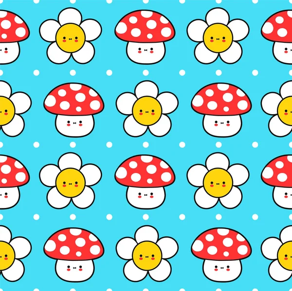 Lindo y divertido bebé amanita champiñón y flor patrón sin costuras. Vector dibujado a mano caricatura kawaii carácter icono de la ilustración. Flor de manzanilla, amanita concepto de dibujos animados patrón sin costuras setas — Vector de stock