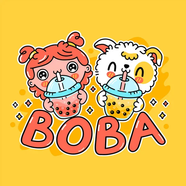 Lindo perro divertido y chica beber té de burbuja de la taza. Vector dibujado a mano caricatura kawaii carácter ilustración etiqueta icono del logotipo. Asiático boba, cachorro perro y burbuja té bebida dibujos animados carácter logotipo concepto — Archivo Imágenes Vectoriales