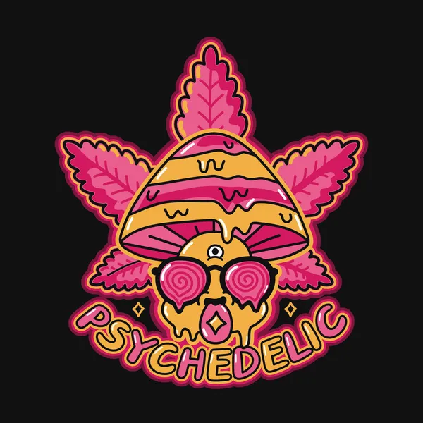 Cogumelo mágico psicadélico engraçado com marca de ácido na língua. Weed marijuana leaf Vector doodle line cartoon kawaii personagem ilustração ícone. Cogumelo trippy mágico, impressão ácida em cartaz, t-shirt — Vetor de Stock