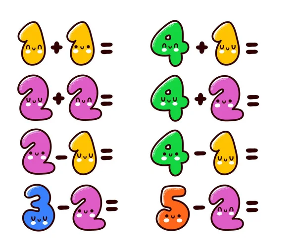 Eenvoudige rekenkundige voorbeelden met grappige schattige getallen. Vector hand getekend cartoon kawaii teken illustratie pictogram. Geïsoleerd op witte achtergrond. Schoolwiskunde, rekenkundige taken voor kinderen, kinderconcept — Stockvector