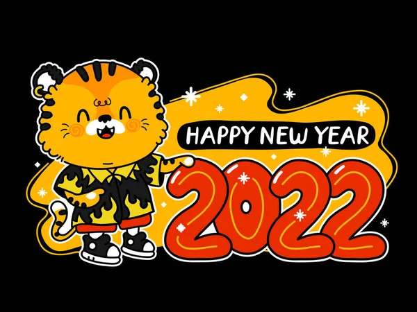 Lindo feliz divertido 2022 Año Nuevo símbolo tigre y números. Icono de ilustración de personaje kawaii de dibujos animados vectoriales. Aislado sobre fondo blanco. Tigre símbolo de Año Nuevo 2022 carácter concepto — Archivo Imágenes Vectoriales