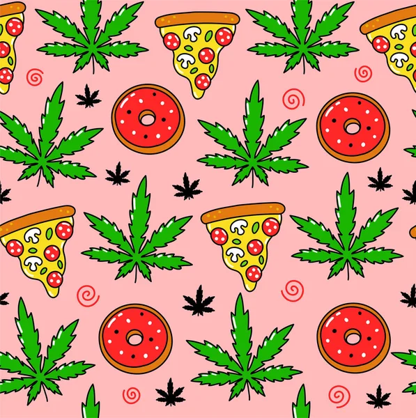 Hierba trippy psicodélica, pizza, rosquillas patrón sin costuras. Diseño de ilustración de personajes de dibujos animados vectoriales. Marihuana Trippy, cannabis, concepto de arte de patrón de malezas — Archivo Imágenes Vectoriales