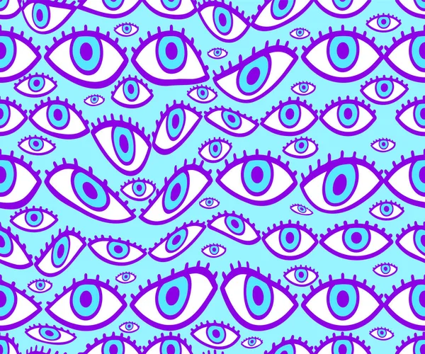 Ojos deformados psicodélicos patrón sin costuras. Vector dibujado a mano línea doodle logotipo ilustración de dibujos animados. Psicodélico, tercer ojo abierto, trippy lsd print para camiseta, concepto de patrón sin costuras de póster — Vector de stock