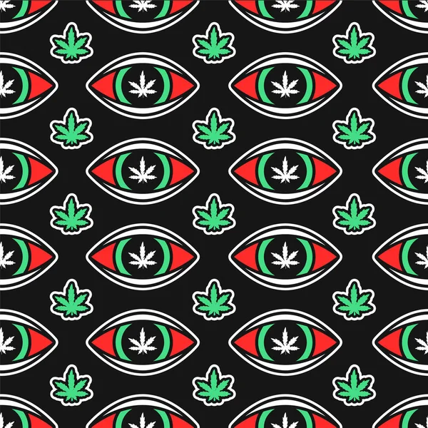 Ganja ganja daun dan mata merah pola mulus. Gambar tangan vektor desain ikon kartun. Trippy ganja ganja ganja ganja gulma dan tinggi mata, obat bius konsep pola mulus - Stok Vektor