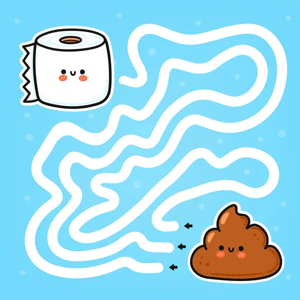 Leuk grappig labyrint doolhof spel. Help poep vinden wc-papier roll. Doolhof spel labyrint voor kinderen. Vector platte lijn cartoon kawaii teken illustratie pictogram — Stockvector