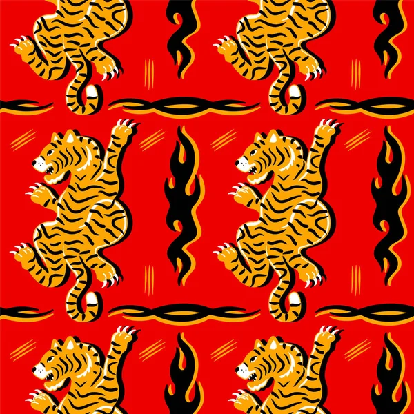 Азіатський япанський тигр і тріабель абстрактний безшовний візерунок. Вектор малював ікону персонажів-мультиків. Японія, Китай, азійський тигр і абстрактний вогонь безшовний візерунок для t сорочки — стоковий вектор