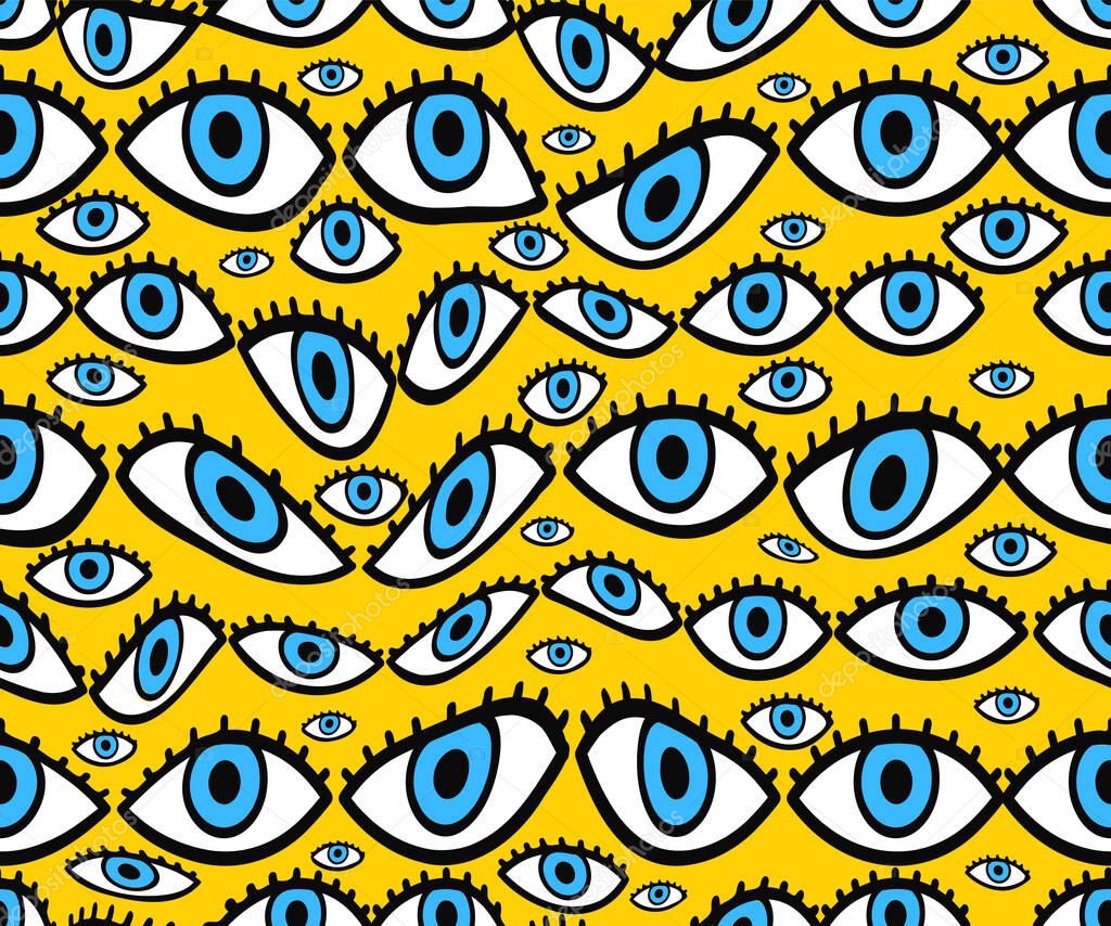 Psychedelic deformed eyes seamless pattern. Vector hand drawn line doodle cartoon illustration logo. Psychedelic,boho,third eye open, trippy lsd print for t-shirt,poster seamless pattern concept