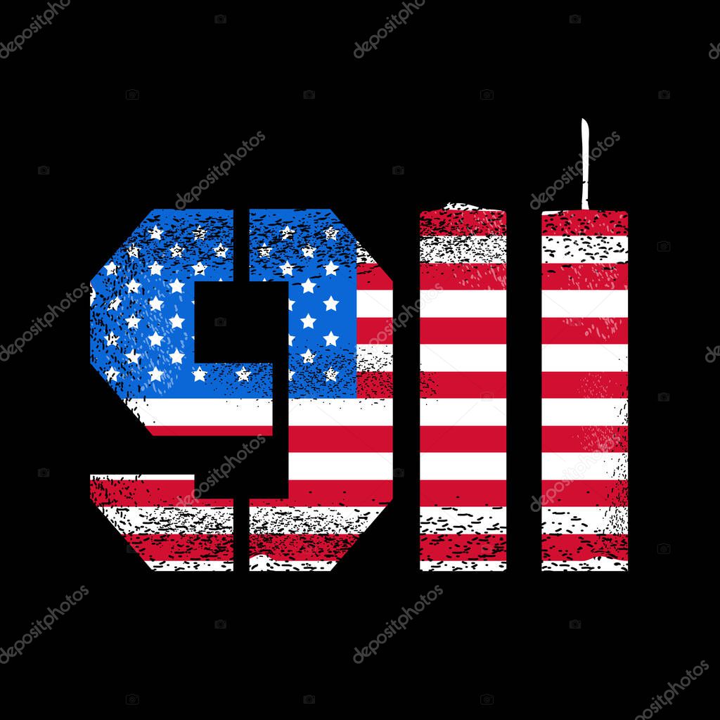 911 Patriot day design with American flag and New York World Trade Center twin towers skyline. Vector illustration design. Remember 911, 11 september attack concept