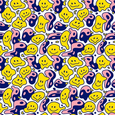 Psikedelik deforme olmuş dalgalı gülümseme ve Yin Yang 'ın kusursuz deseni. Vektör el çizimi karalama karikatürü resimli duvar kağıdı. Trippy LSD baskısı, Yin Yang, gülen surat kusursuz desen konsepti