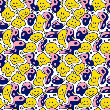 Psychedelic deformed wavy smile face and Yin Yang seamless pattern. Vector hand drawn line doodle cartoon illustration wallpaper. Trippy lsd print,Yin Yang,smile face seamless pattern concept clipart