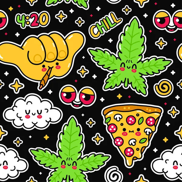 Трава марихуана, шака жест, пицца, облако, красные глаза бесшовный рисунок. Векторная прямая карикатура на икону иероглифа Хави. Trippy,weed, 420 seamless pattern concept — стоковый вектор