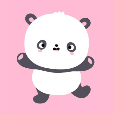 Şirin komik dans eden kawaii küçük panda. Vektör düz çizgi film kawaii karakter çizim simgesi. Çizgi film sevimli panda oyunu, dans karakteri ikonu konsepti