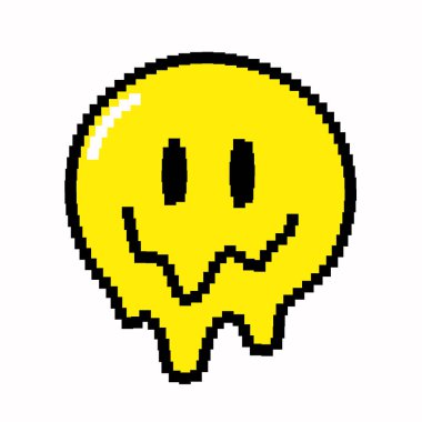 Komik eriyen gülümseyen yüz pikseli resim ikonu. Vektör karikatür grafik çizim tasarımı. Beyaz arka planda izole edilmiş. Erimiş gülen surat pikseli, 8 bit, 16 bit stil poster, tişört konsepti.