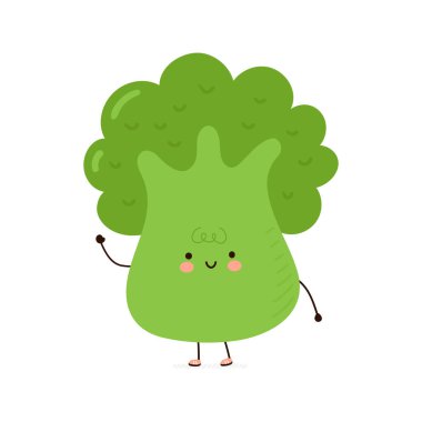 Şirin komik brokoli sebzesi. Vektör el çizimi çizgi film kawaii karakter çizimi simgesi. Beyaz arka planda izole edilmiş. Brokoli çizgi film karakteri konsepti