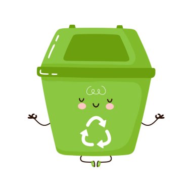 Yoga pozisyonunda meditasyon yapan komik çöp tenekesi karakteri. Vektör el çizimi çizgi film kawaii karakter çizimi simgesi. Beyaz arka planda izole edilmiş. Çöp kutusu geri dönüşüm kutusu karakteri kavramı