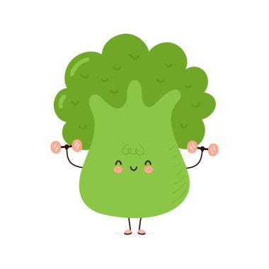 Dambılı şirin, komik brokoli sebzesi. Vektör el çizimi çizgi film kawaii karakter çizimi simgesi. Beyaz arka planda izole edilmiş. Brokoli çizgi film karakteri konsepti