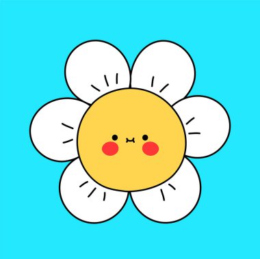 Şirin, komik papatya çiçeği suratlı. Vektör karalama çizgisi çizgi filmi Kawaii karakter çizim simgesi. Papatya çiçeği çizgi film maskotu logosu kavramı