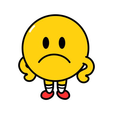 Şirin, komik, üzgün surat. Vektör düz çizgi çizgi çizgi film Kawaii karakter çizim simgesi. Beyaz arka planda izole edilmiş. Sarı emoji çember karakter kavramı