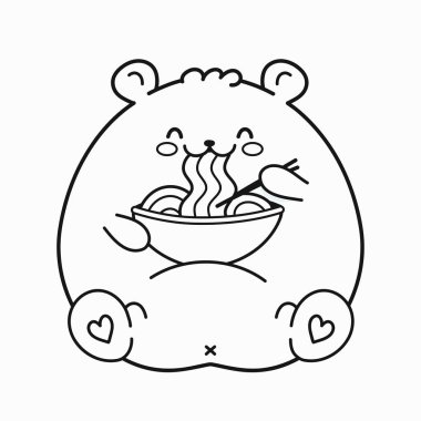 Sevimli, neşeli beyaz ayı kaseden şehriye yiyor. Vektör çizgisi karikatür karikatürü kawaii karakter çizim ikonu tasarımı. Ayı boyama kitabı konsepti için erişte yiyor. Beyaz arkaplanda izole