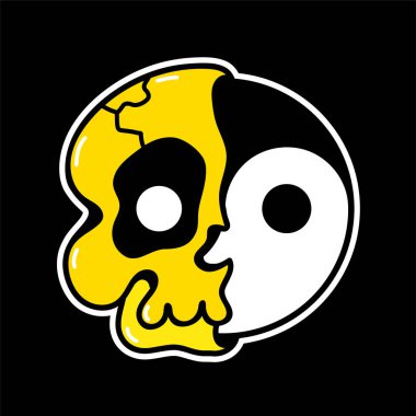 Kafatasının yarısı Yin Yang tişörtü içinde, tişört izi. Vektör el çizimi çizgi film karakteri çizimi 70 'ler tarzı. Trippy half skull, Yin Yang tişört, poster, kart, çıkartma konsepti