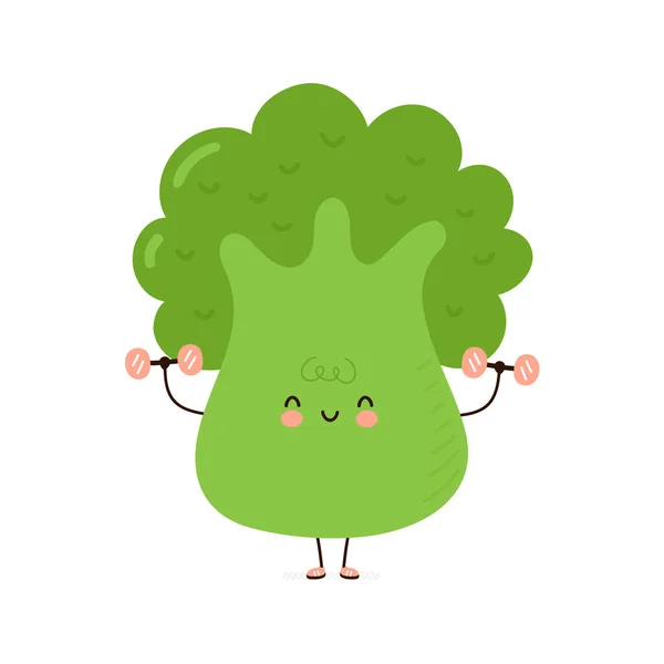 Nettes lustiges Brokkoli-Gemüse mit Hanteln. Vector handgezeichnete Karikatur Kawaii Charakter Illustration Symbol. Vereinzelt auf weißem Hintergrund. Konzept der Brokkoli-Zeichentrickfigur — Stockvektor