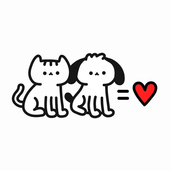 Cão, gato é amor. Vector mão desenhada desenho animado personagem ilustração. Isolado em fundo branco. Amor gatos e cães, animais de estimação, impressão do coração para cartão, t-shirt, logotipo, conceito de cartaz — Vetor de Stock