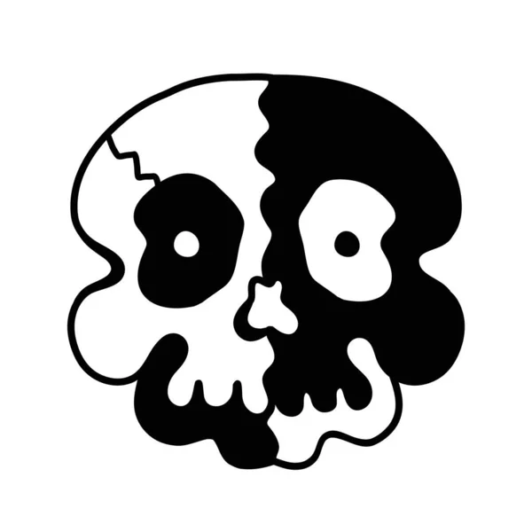 Funny blanco y negro Yin Yang calavera impresión para camiseta, póster, logotipo, carta.Vector dibujado a mano línea 70 estilo ilustración de personajes de dibujos animados. Calavera divertida, Yin Yang cara de impresión para camiseta, póster, concepto de tarjeta — Vector de stock