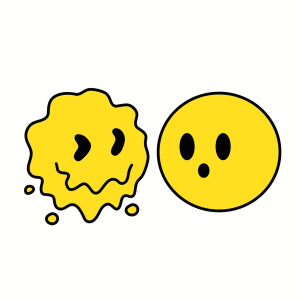 Deformiertes und normales Emoji-Gesicht für T-Shirt, Poster, Logo, Karte schmelzen. Vector handgezeichnete Linie im Stil der 70er Jahre Zeichentrickfigur Illustration. Psychedelischer Gesichtsdruck für T-Shirt, Poster, Kartenkonzept — Stockvektor
