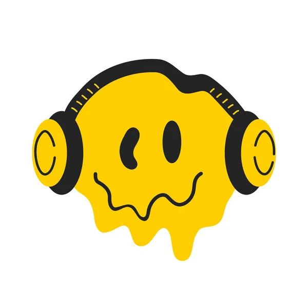 Derretir la distorsión de la sonrisa cara con los auriculares. Cara emoji sonrisa, escuchar música en la impresión de auriculares para camiseta, cartel, pegatina, cubierta, tarjeta, concepto de logotipo — Vector de stock