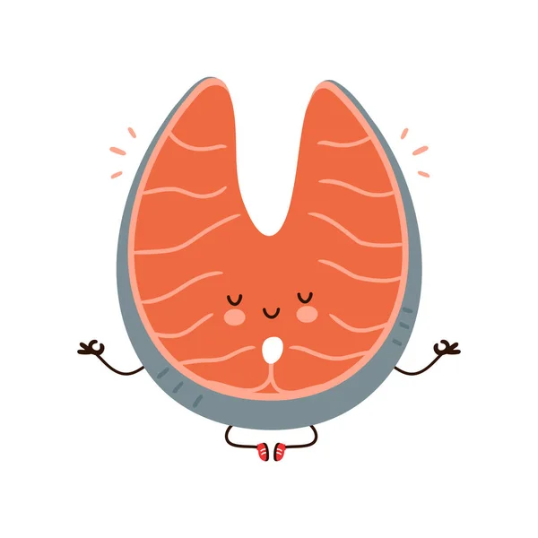 Cute funny red salmon fish character meditate in yoga pose. Vector hand drawn cartoon kawaii character illustration icon. Isolated on white background. Red salmon fish character concept — Stock Vector