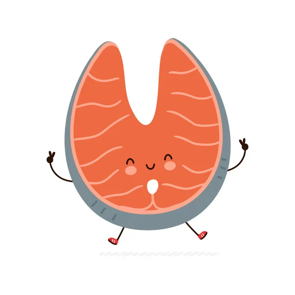 Carino divertente carattere pesce salmone rosso. Vettore disegnato a mano cartone animato kawaii personaggio illustrazione icona. Isolato su sfondo bianco. Concetto di carattere pesce salmone rosso — Vettoriale Stock