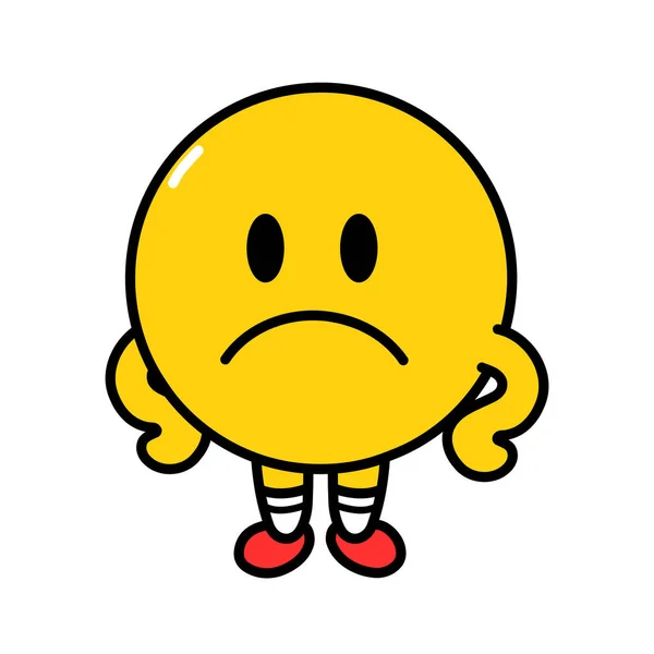 Cara de emoji triste engraçado bonito. Vetor linha plana doodle desenho animado kawaii personagem ícone de ilustração. Isolado em fundo branco. Conceito de personagem de círculo de emoji amarelo —  Vetores de Stock