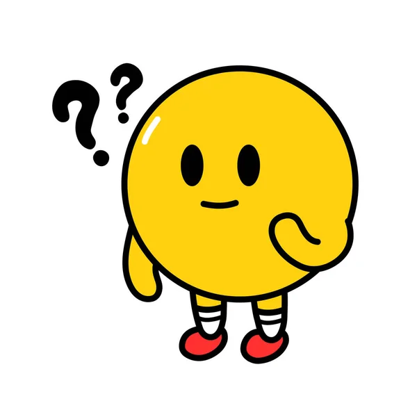Roztomilé vtipné pomyšlení, že se Emoji usmívá s otazníkem. Vektor ploché čáry kreslené kreslené kawaii znak ilustrace ikona. Izolované na bílém pozadí. Žlutý emoji kruh myslet charakter konceptu — Stockový vektor