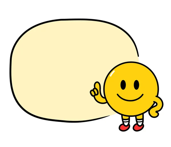 Cara linda sonrisa emoji divertida con cuadro de texto. Vector línea plana doodle dibujos animados kawaii carácter icono de la ilustración. Aislado sobre fondo blanco. Emoji amarillo círculo carácter concepto — Archivo Imágenes Vectoriales