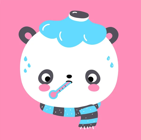 Lindo oso panda enfermo de gripe triste divertido. Vector plano de dibujos animados kawaii carácter icono de la ilustración. Dibujos animados lindo personaje oso panda, niño enfermo gripe, concepto de niño enfermedad — Vector de stock